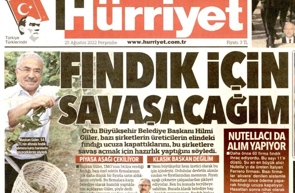 Ordu Büyükşehir Belediye Başkanı Dr. Mehmet Hilmi Güler, Türk fındığı